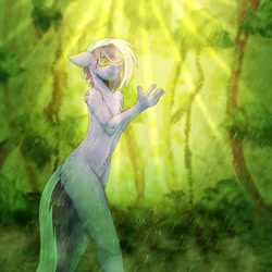 Size: 3300x3300 | Tagged: safe, artist:tuzz-arts, oc, oc only, oc:berry frost, anthro, anthro oc, blurry background, butt freckles, chest fluff, chest freckles, ear freckles, featureless crotch, fluffy, forest, freckles, high res, male, multicolored hair, nudist, nudity, rain, rainforest, shoulder fluff, shoulder freckles, solo