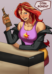 Size: 2480x3508 | Tagged: safe, artist:nire, sunset shimmer, human, equestria girls, g4, alcohol, beer, blushing, breasts, busty sunset shimmer, clothes, dialogue, drunk, drunker shimmer, fallout, fallout: new vegas, female, high res, jacket, looking at you, smiling, smiling at you, solo, spanish, sunset sarsparilla