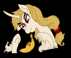 Size: 600x491 | Tagged: safe, artist:ghouleh, oc, oc only, oc:regal inkwell, classical unicorn, pony, unicorn, animated, banana, cloven hooves, curved horn, food, horn, leonine tail, male, red eyes, solo, stallion, unshorn fetlocks, wat