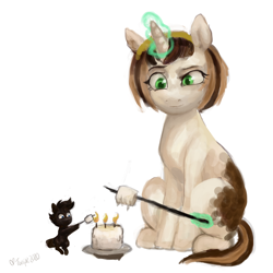Size: 4000x4000 | Tagged: safe, artist:misstwipietwins, oc, oc:elinvar, oc:inkenel, pony, candle, food, marshmallow, micro, size difference