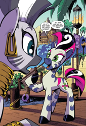 Size: 537x791 | Tagged: safe, idw, marini, zecora, zebra, g4, season 10, spoiler:comic, spoiler:comic89, duo, female, long time no see, mare, mohawk, old friend, open mouth, piercing, raised hoof, reunion, shocked, smiling