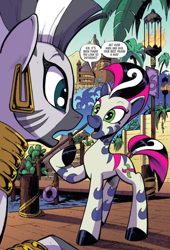 Size: 537x791 | Tagged: safe, idw, marini, zecora, zebra, friendship is magic #89, g4, season 10, spoiler:comic, duo, female, long time no see, mare, mohawk, old friend, open mouth, piercing, raised hoof, reunion, shocked, smiling