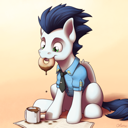 Size: 4000x4000 | Tagged: safe, artist:ohemo, soarin', pegasus, pony, g4, absurd resolution, clothes, coffee, cute, donut, dripping, food, gradient background, male, mouth hold, orange background, simple background, sitting, soarinbetes, solo, stallion, uniform, wonderbolts dress uniform