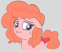 Size: 759x634 | Tagged: safe, artist:heretichesh, oc, oc only, oc:peachy keen, earth pony, pony, bags under eyes, bow, crying, female, filly, pouting, sad, scrunchy face, solo, tail bow, teary eyes