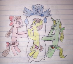 Size: 2165x1896 | Tagged: safe, artist:brawnybold, dear darling, feather bangs, fond feather, swoon song, earth pony, pegasus, pony, unicorn, g4, bimbettes, body pillow, female, implied featherbimbettes, lined paper, mare, photo, traditional art