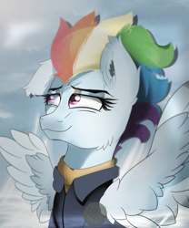 Size: 2720x3264 | Tagged: safe, artist:diamondgreenanimat0, rainbow dash, pegasus, pony, g4, amazing, bust, cheek fluff, clothes, cloud, female, high res, looking up, older, older rainbow dash, solo, spread wings, uniform, wings, wonderbolts dress uniform