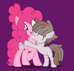 Size: 718x688 | Tagged: safe, artist:circuspaparazzi5678, pinkie pie, oc, oc only, oc:obsidian dust, earth pony, pony, g4, aunt and nephew, base used, blank flank, colt, duo, female, hug, hugging a pony, jewelry, male, mare, necklace, offspring, parent:maud pie, parent:mud briar, parents:maudbriar, purple background, simple background