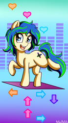 Size: 1665x3000 | Tagged: safe, artist:anibaruthecat, oc, oc only, oc:ravebounce, earth pony, pony, dance dance revolution, dancing, female, heart, looking at you, mare, phone wallpaper, raised hoof, raised leg, smiling, solo