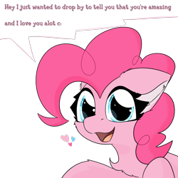 Size: 2362x2362 | Tagged: safe, artist:jubyskylines, pinkie pie, earth pony, pony, g4, bronybait, cute, diapinkes, female, high res, looking at you, positive ponies, simple background, solo, talking to viewer, transparent background