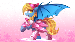 Size: 1920x1080 | Tagged: safe, alternate version, artist:ask-colorsound, oc, oc only, oc:aliax smily, bat pony, pony, bat pony oc, bat wings, clothes, commission, crossdressing, cute, dress, male, pretty cure, solo, wallpaper, wings, ych result