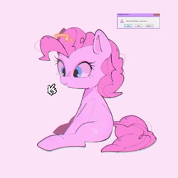 Size: 1500x1500 | Tagged: safe, artist:destroyer_aky, pinkie pie, earth pony, pony, g4, cursor, female, gradient background, hand, mare, mouse cursor, pink background, question mark, simple background, sitting, smiling, solo, text, wat, webcore