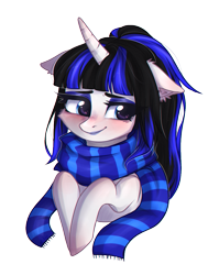 Size: 841x1115 | Tagged: artist needed, safe, oc, oc only, oc:coldlight bluestar, pony, unicorn, blushing, clothes, cute, floppy ears, hooves, horn, lipstick, looking away, scarf, simple background, solo, transparent background