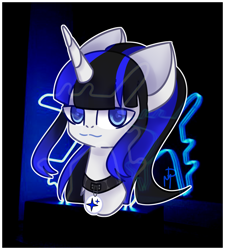 Size: 1948x2160 | Tagged: artist needed, safe, oc, oc only, oc:coldlight bluestar, pony, unicorn, abstract background, bust, collar, cute, female, floppy ears, horn, looking at you, mare, ponytail, solo