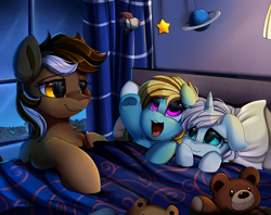 Size: 3215x2540 | Tagged: safe, artist:pridark, oc, oc only, pony, unicorn, g4, bed, bedroom, chest fluff, commission, cute, daaaaaaaaaaaw, floppy ears, foal, high res, indoors, night, night sky, open mouth, planet, pridark is trying to murder us, sky, stars, teddy bear, window