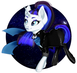 Size: 1407x1336 | Tagged: artist needed, safe, coloratura, oc, oc only, oc:coldlight bluestar, pony, unicorn, g4, abstract background, alternate hairstyle, boots, clothes, collar, cosplay, costume, countess coloratura, female, jacket, latex, latex pants, leather jacket, makeup, pants, rubber, scarf, shoes, simple background, solo