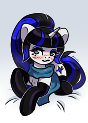 Size: 1072x1500 | Tagged: safe, artist:avonir, oc, oc only, oc:coldlight bluestar, pony, unicorn, bed, blushing, clothes, cute, cutie mark, female, gloves, looking at you, lying on bed, mare, on bed, scarf, socks, solo