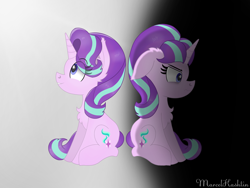 Size: 2048x1536 | Tagged: safe, artist:reziepony, starlight glimmer, pony, unicorn, g4, bags under eyes, chest fluff, duality, floppy ears, frown, happy, s5 starlight, self ponidox, sitting