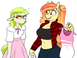Size: 2092x1586 | Tagged: safe, artist:redxbacon, oc, oc only, oc:golden keylime, oc:sunny lane, anthro, abs, clothes, female, midriff, short shirt, siblings, simple background, sisters, slouching, white background