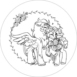 Size: 969x969 | Tagged: safe, artist:isaac-polo, oc, oc only, oc:lucid lullaby, oc:ryder, pony, sphinx, unicorn, bouquet, couple, embroidery, flower, no source available, simple background, sketch, white background