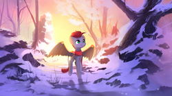 Size: 2951x1657 | Tagged: safe, artist:freeedon, oc, oc only, oc:tan-dreamstiller, pegasus, pony, artificial wings, augmented, backlighting, clothes, leonine tail, male, scarf, scenery, snow, solo, stallion, sunlight, tree, wings