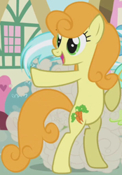 Size: 982x1409 | Tagged: safe, screencap, carrot top, golden harvest, lyra heartstrings, earth pony, pony, unicorn, g4, season 1, the ticket master, background pony, bipedal, cropped, cute, cutie mark, cutie top, dust cloud, female, mare, solo, standing on two hooves