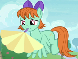 Size: 1642x1257 | Tagged: safe, screencap, peppermint goldylinks, pegasus, pony, a matter of principals, g4, background pony, bow, cropped, fan, female, flying, friendship student, hair bow, mare, mouth hold, solo, sweat