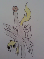 Size: 1920x2560 | Tagged: safe, artist:dragon-flash, derpy hooves, pegasus, pony, g4, balancing, female, food, mare, muffin, spread wings, standing, standing on one leg, traditional art, wings