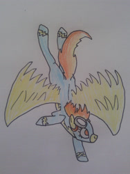 Size: 1920x2560 | Tagged: safe, artist:dragon-flash, spitfire, pegasus, pony, g4, clothes, female, flying, mare, no pupils, solo, traditional art, uniform, wonderbolts uniform