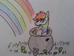 Size: 2560x1920 | Tagged: safe, artist:dragon-flash, rainbow dash, insect, ladybug, pegasus, pony, clover, eye clipping through hair, female, four leaf clover, horseshoes, mare, no pupils, pot of gold, rainbow, solo, traditional art