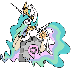 Size: 2009x1920 | Tagged: safe, artist:dragon-flash, princess celestia, alicorn, pony, g4, companion cube, female, jewelry, mare, portal (valve), regalia, simple background, solo, transparent background