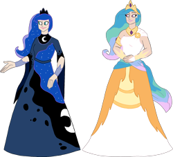 Size: 1966x1789 | Tagged: safe, artist:dragon-flash, princess celestia, princess luna, human, g4, clothes, dress, duo, female, humanized, long dress, simple background, transparent background