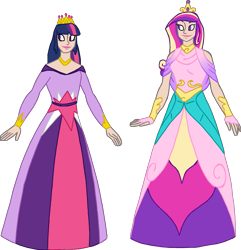 Size: 1699x1764 | Tagged: safe, artist:dragon-flash, princess cadance, twilight sparkle, human, g4, clothes, dress, duo, female, humanized, long dress, simple background, transparent background