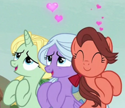 Size: 1310x1125 | Tagged: safe, screencap, dear darling, fond feather, swoon song, earth pony, pegasus, pony, unicorn, hard to say anything, bimbettes, cropped, female, heart, trio, trio female