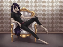 Size: 1920x1440 | Tagged: safe, artist:dementra369, oc, oc only, oc:coffin, earth pony, anthro, armchair, chair, looking at you, makeup, male, solo
