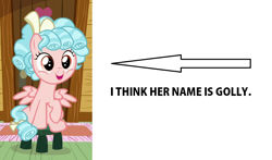Size: 1218x714 | Tagged: safe, edit, edited screencap, screencap, cozy glow, pegasus, pony, g4, marks for effort, arrow, caption arrow, female, filly, golly, op is a silly pony, solo