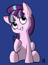 Size: 3700x5000 | Tagged: safe, artist:naen, derpibooru exclusive, starlight glimmer, pony, unicorn, g4, absurd resolution, blue background, cute, ear fluff, female, glimmerbetes, grin, looking up, mare, raised hoof, s5 starlight, simple background, simple shading, sitting, smiling, solo