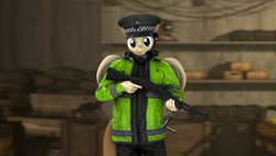 Size: 1920x1080 | Tagged: safe, artist:spinostud, oc, oc only, oc:coffe, anthro, 3d, :p, box, clothes, crate, female, gun, hat, looking at you, m870, police, police hat, police officer, police uniform, sandbag, shotgun, solo, source filmmaker, tongue out, weapon