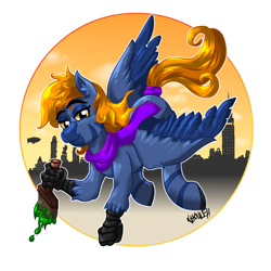 Size: 1050x1050 | Tagged: safe, artist:ghouleh, oc, oc only, oc:golden heartstrings, oc:golden heartstrongs, hippogriff, hybrid, clothes, male, paint, scarf, simple background, stallion, tail wrap, transparent background, zerb