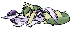 Size: 448x180 | Tagged: safe, artist:catdork, oc, pegasus, pony, unicorn, blushing, cuddling, cute, gay, male, pillow, sleeping, wing blanket, wings