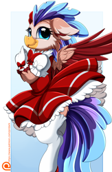 Size: 2343x3595 | Tagged: safe, artist:pridark, oc, oc only, hippogriff, semi-anthro, g4, anime, cardcaptor sakura, clothes, cosplay, costume, crossdressing, crossover, cute, high res, hippogriff oc, male, patreon, patreon logo, patreon reward, pretty, solo