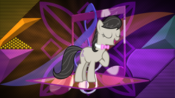 Size: 3840x2160 | Tagged: safe, artist:floppychiptunes, artist:laszlvfx, edit, octavia melody, earth pony, pony, g4, cutie mark, eyes closed, female, high res, mare, necktie, open mouth, pointing at self, singing, solo, wallpaper, wallpaper edit