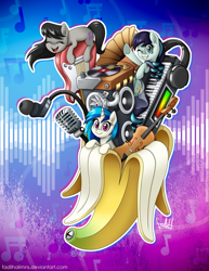 Size: 2700x3500 | Tagged: dead source, safe, artist:fadlihalimns, coloratura, dj pon-3, octavia melody, vinyl scratch, earth pony, pony, unicorn, g4, banana, banana peel, eyes closed, food, guitar, headphones, high res, microphone, musical instrument, one eye closed, open mouth, stereo, violin, wub