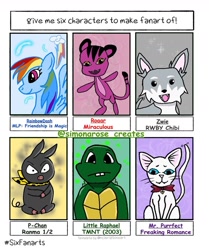Size: 1080x1289 | Tagged: safe, rainbow dash, cat, kwami, pegasus, pig, pony, turtle, wolf, anthro, g4, :d, anthro with ponies, bowtie, bust, crossover, female, male, mare, miraculous ladybug, open mouth, p-chan, ranma 1/2, raphael, roarr (miraculous ladybug), rwby, rwby chibi, six fanarts, smiling, teenage mutant ninja turtles