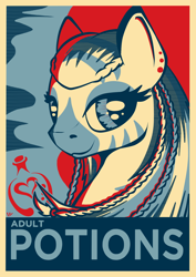 Size: 1050x1485 | Tagged: safe, artist:virenth, oc, oc only, oc:virenth, pony, zebra, comic:virenth mixtures emporium, braid, female, hope poster, limited palette, looking at you, piercing, poster, solo