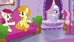 Size: 1280x720 | Tagged: safe, screencap, carrot top, cheerilee, golden harvest, lavender essence, roseluck, earth pony, pony, applejack's "day" off, g4, female, ponyville spa, spa, spa pony