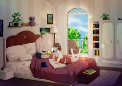 Size: 5593x3955 | Tagged: safe, artist:alexa1alexa, raven, spike, human, g4, balcony, bed, bedroom, blushing, book, bookshelf, boxers, breakfast, breakfast in bed, bust, closet, clothes, cottagecore, feet, female, food, glasses off, hair bun, humanized, lamp, legs, legs in air, male, older, older spike, pajamas, phone, pillow, plushie, portrait, secretary, ship:ravenspike, shipping, smiling, straight, teddy bear, the pose, underwear, window