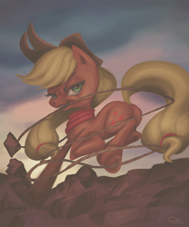 Size: 720x864 | Tagged: safe, artist:typicalgib, applejack, earth pony, pony, g4, action pose, applejack's hat, cowboy hat, female, hat, lasso, mare, mouth hold, neckerchief, rope, serious, serious face, solo