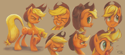 Size: 2425x1079 | Tagged: safe, artist:typicalgib, applejack, earth pony, pony, g4, applejack's hat, cowboy hat, eyes closed, female, floppy ears, grumpy, happy, hat, jackletree, mare, multeity, nose wrinkle, one eye closed, smug, startled, wink