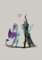 Size: 764x1080 | Tagged: safe, artist:plainoasis, princess ember, queen chrysalis, changeling, changeling queen, dragon, g4, blushing, crack shipping, dragoness, duo, emberlis, female, gray background, heart, lesbian, shipping, simple background, tsundember, tsundere