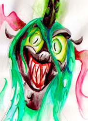 Size: 646x887 | Tagged: safe, artist:typicalgib, queen chrysalis, changeling, changeling queen, g4, bust, creepy, creepy smile, female, portrait, sharp teeth, smiling, solo, teeth, traditional art, watercolor painting